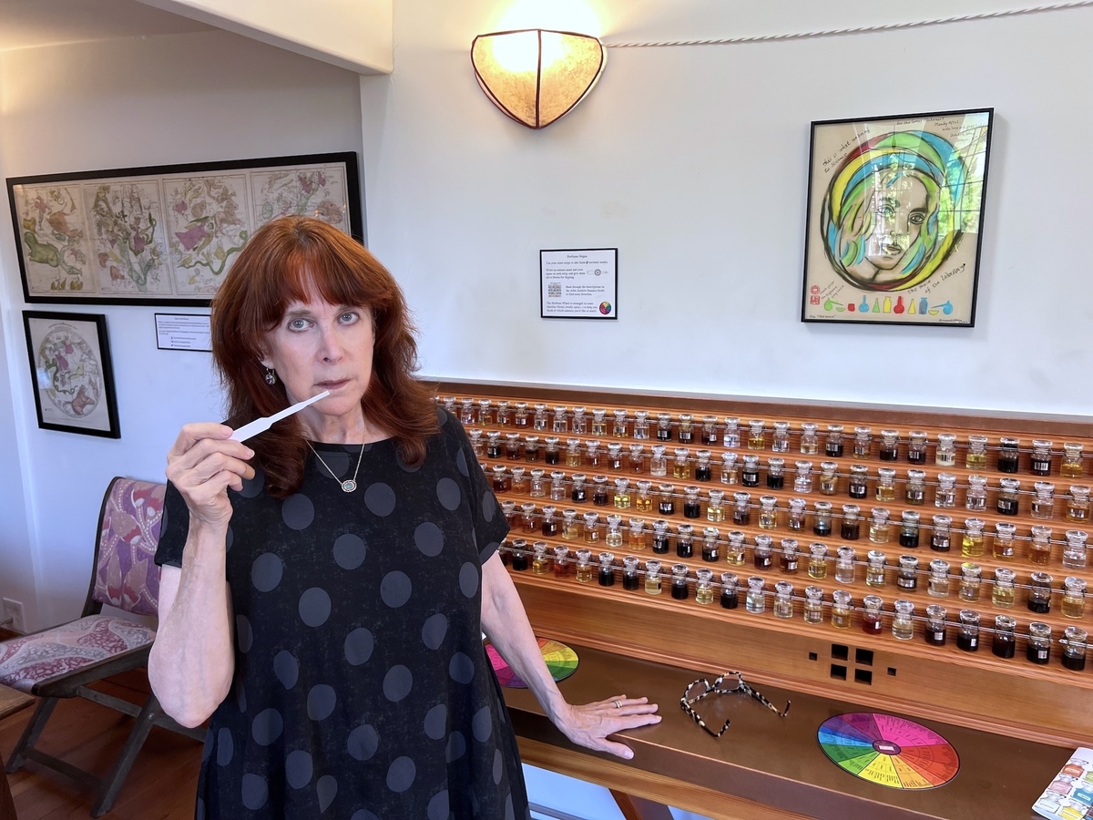 Mandy Aftel at the perfume organ